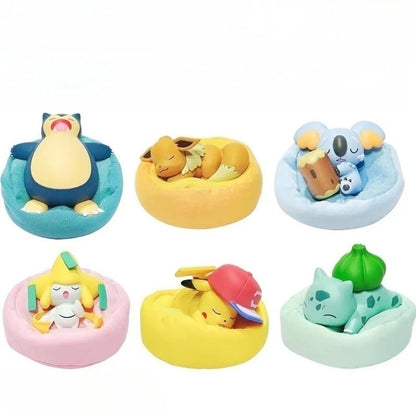 Kit de 6 figuras de Pokemon, Pikachu, Bulbasaur, posición para dormir.