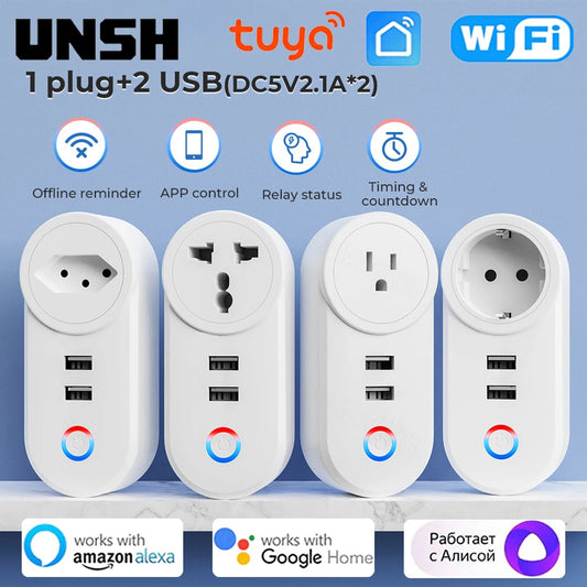 Enchufe inteligente con Wifi, toma de corriente con 2 puertos de carga USB, funciona a través de Alexa y Google Home, 16A